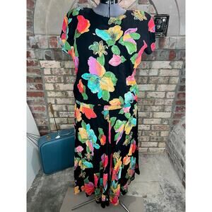 dress blouson floral bright orange green yellow shoulder pads